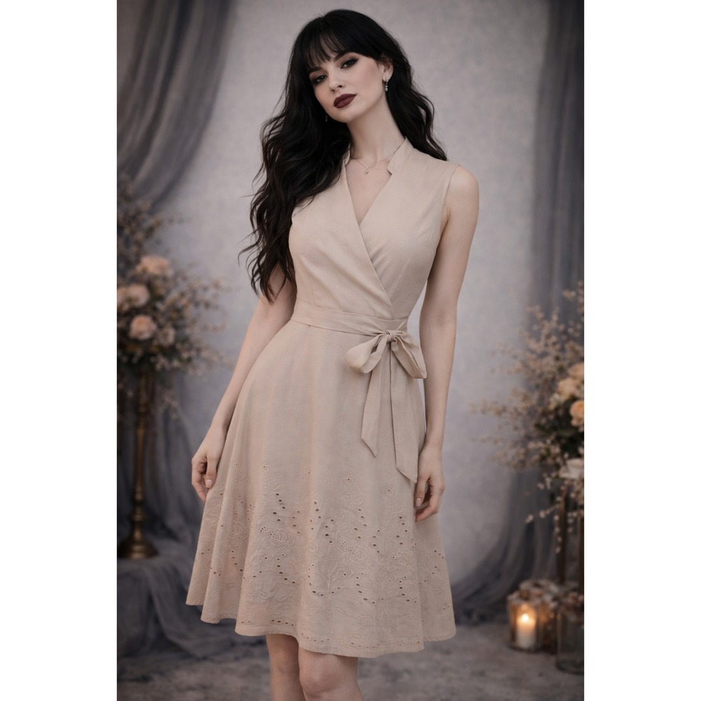 Alexis Beige Cotton Faux Wrap Eyelet Dress Size 11 Tie Waist Feminine Coquette